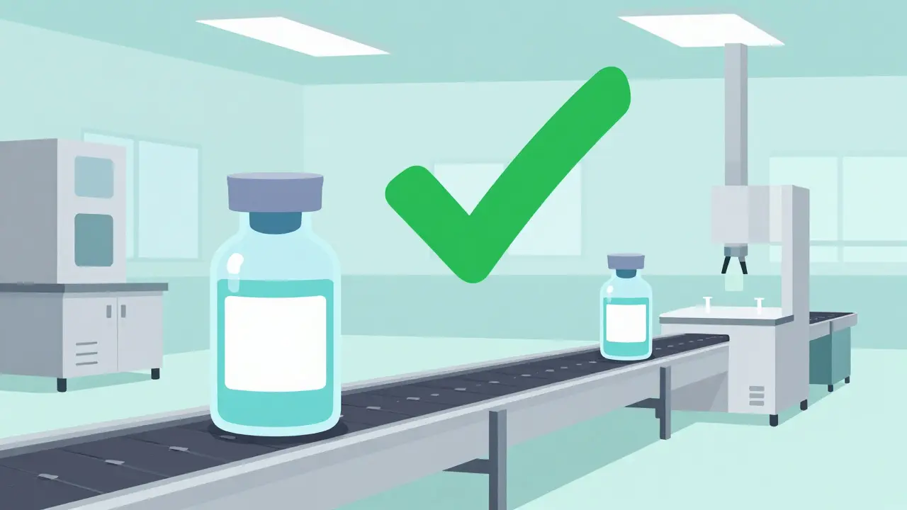 Medicine vials on a conveyor belt in a sterile manufacturing lab setting