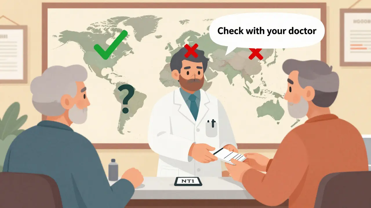 Pharmacist giving a prescription to an elderly patient, with a world map showing different regulatory approvals in the background.