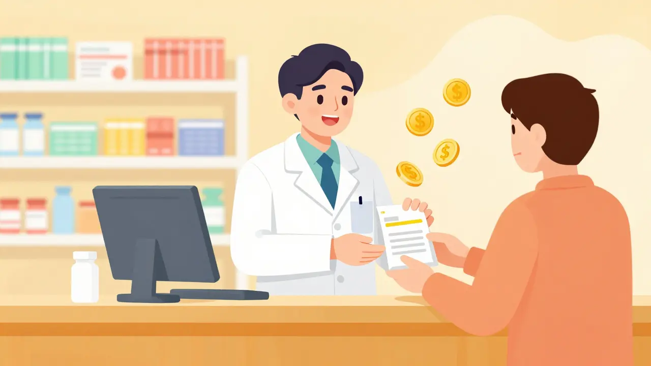Pharmacist giving medication to a customer with floating coins nearby