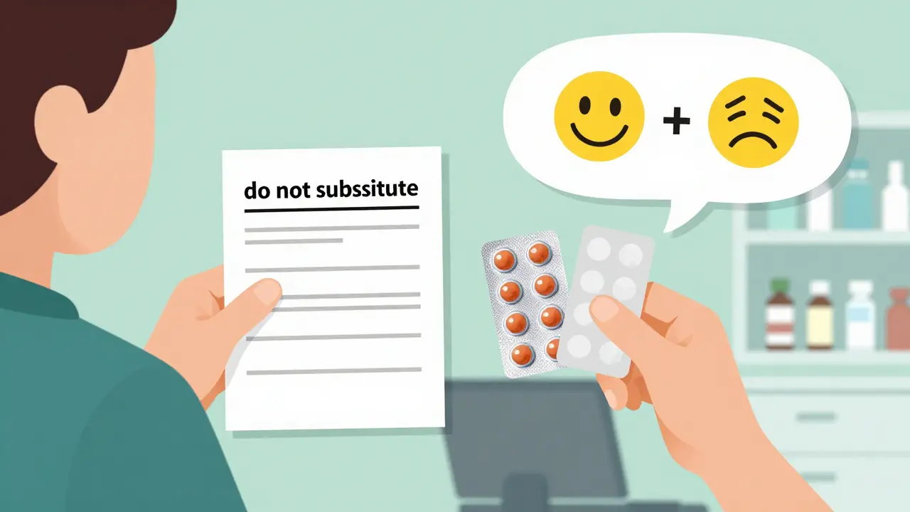 Pharmacist holding two identical pills, one in branded and one in plain packaging, with contrasting patient reactions shown in thought bubbles.