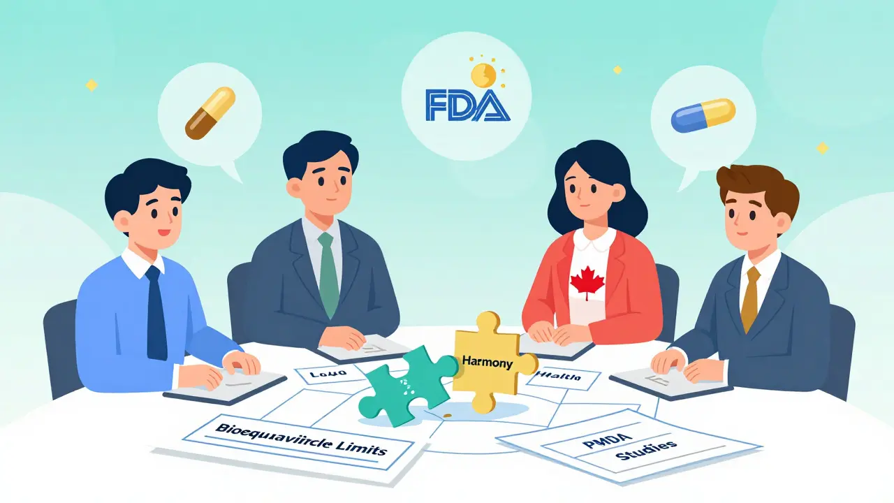 Regulators from the U.S., EU, Canada, and Japan working together on a puzzle labeled 'Harmony' for NTI drug standards.