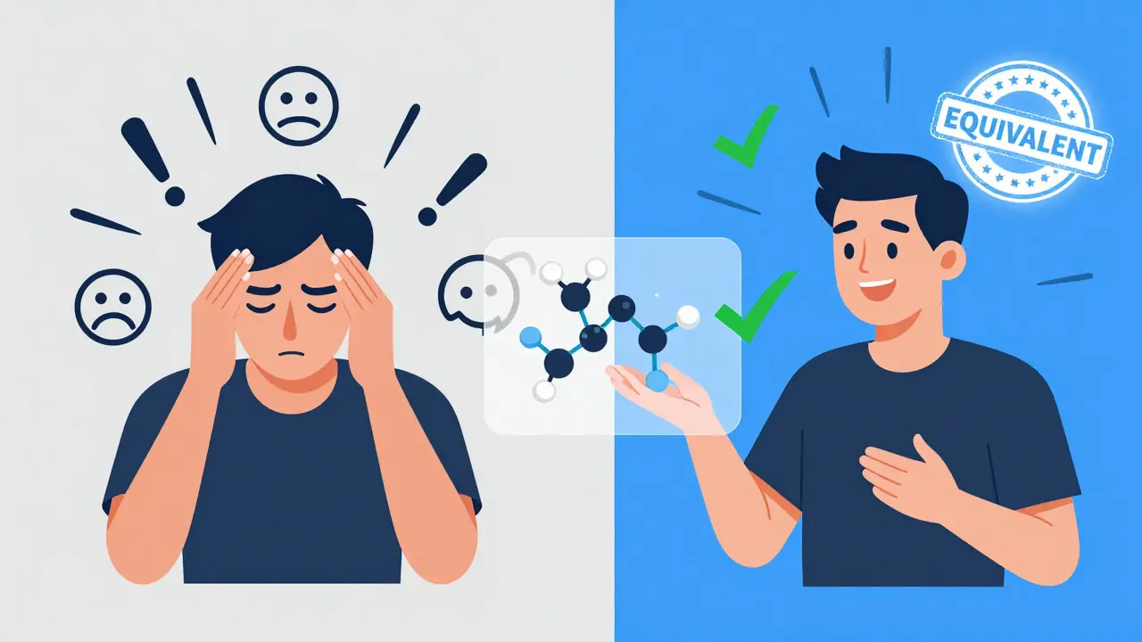 Split scene: one side shows a person suffering from perceived side effects, the other shows them feeling better after reassurance about generic equivalence.