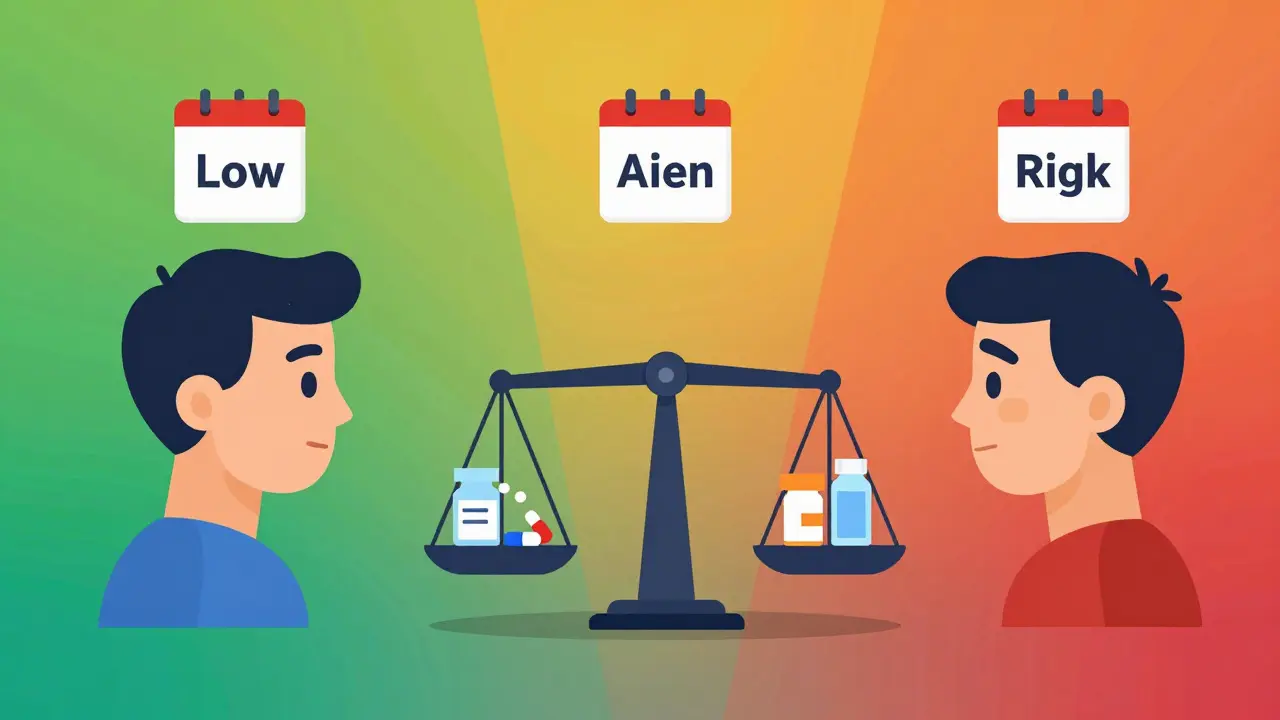 Three patient silhouettes with calendar icons indicating different testing frequencies based on risk level.