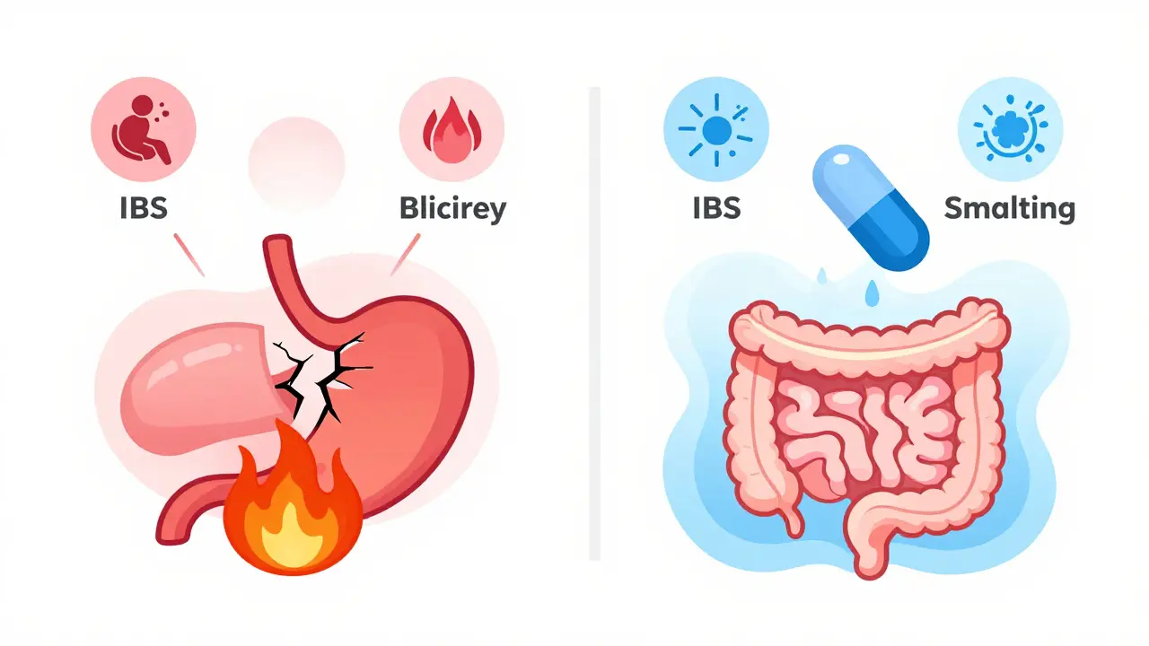 Two capsules shown side by side—one causing heartburn in the stomach, the other releasing calming menthol in the small intestine.