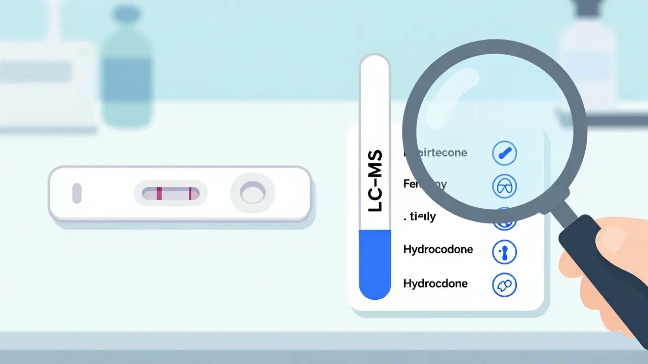 Two urine test strips side by side: one missing key drugs, the other accurately identifying all substances.