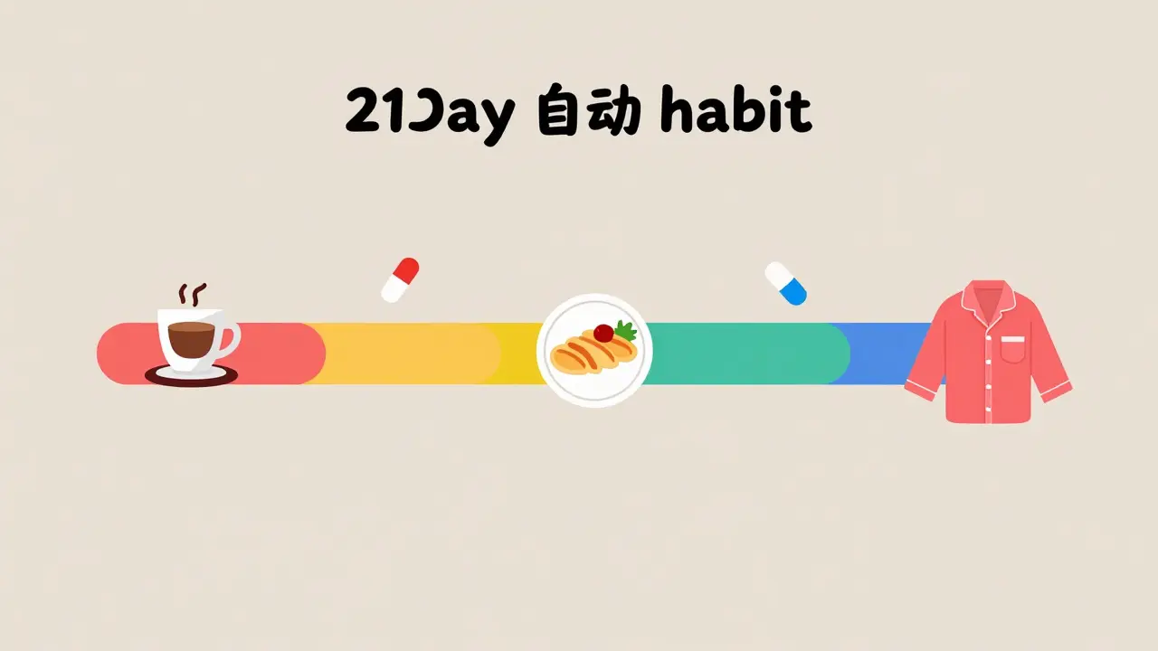 A colorful timeline of daily habits paired with medication icons from morning to night.