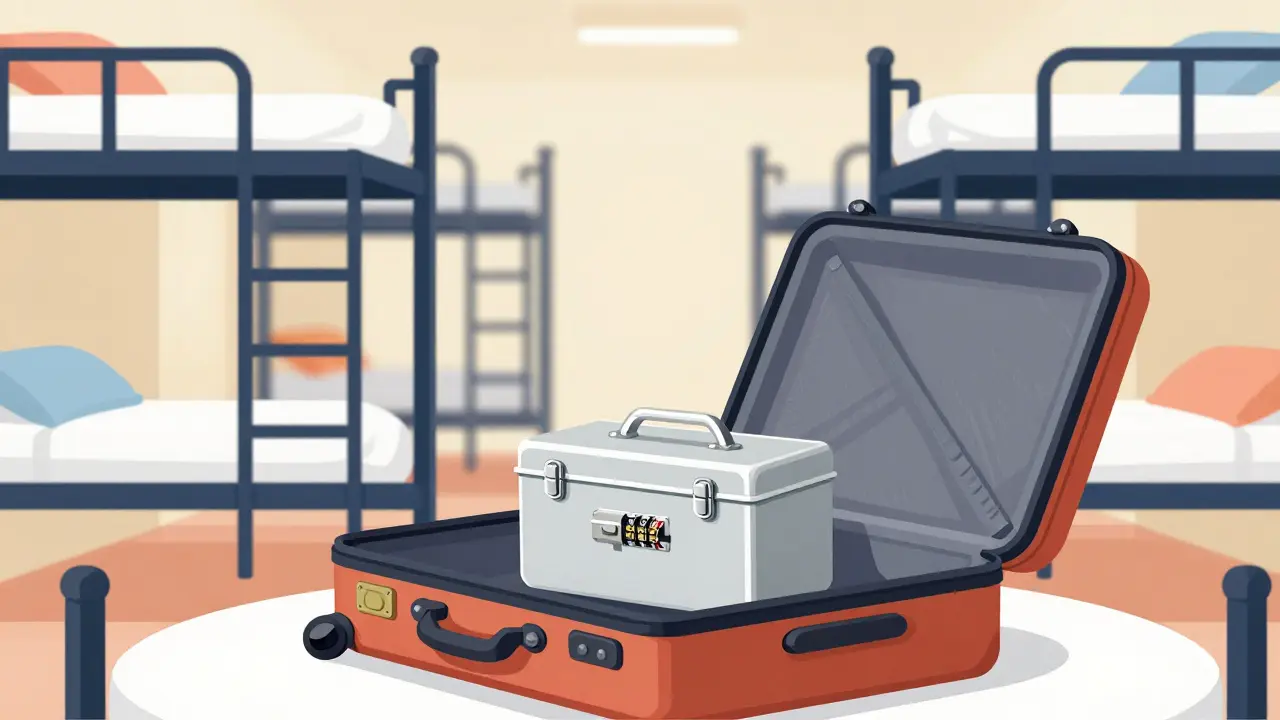 A portable medication lock box inside a suitcase in a hostel dorm room