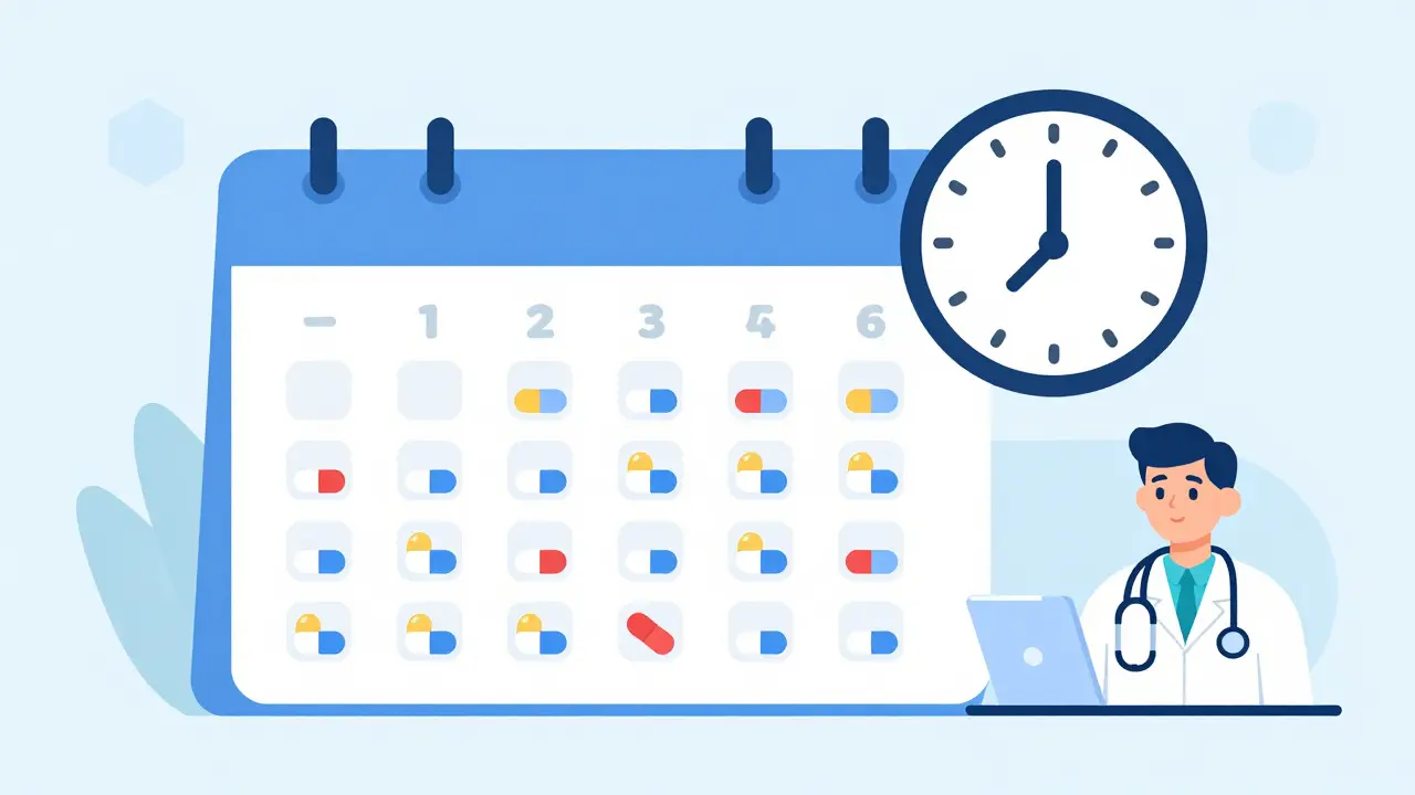 Calendar with daily markers and a medical icon representing consistent medication use