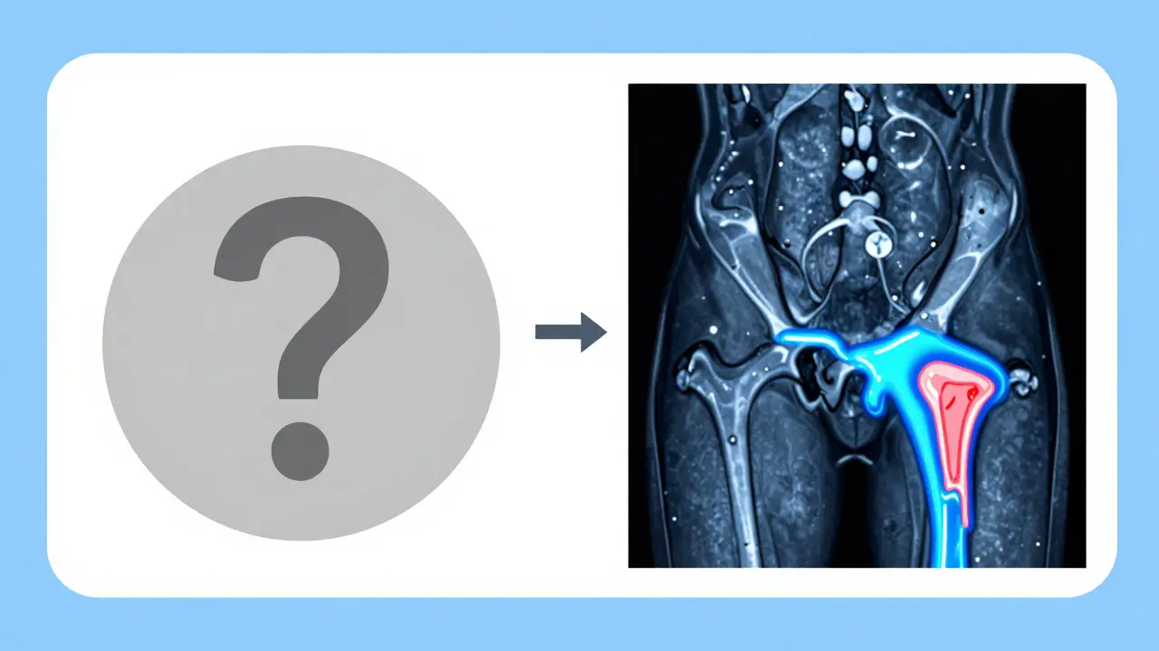 Comparison between a standard MRI and a high-contrast MRA scan of a hip joint