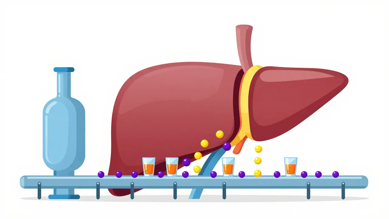 Conceptual flat design of alcohol creating a bottleneck in the liver's filtration system.