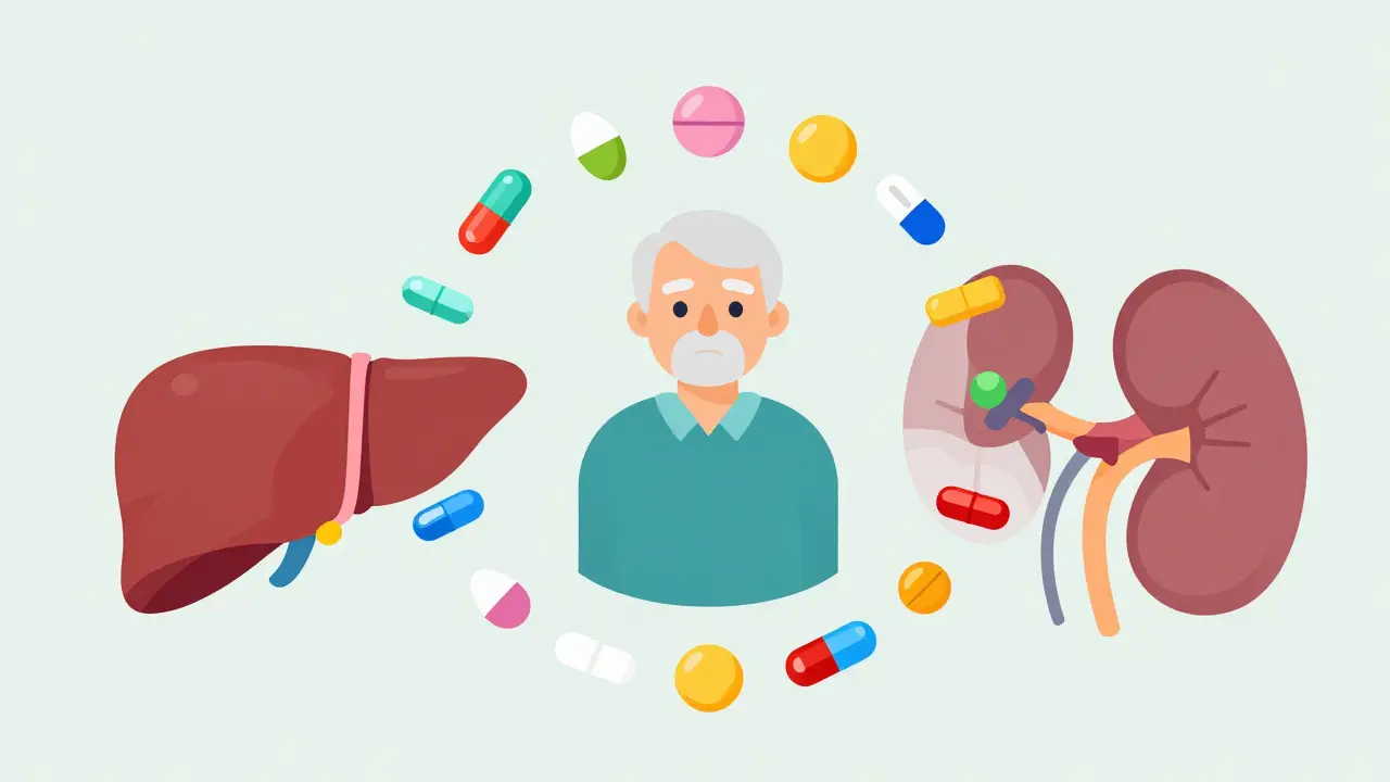 Elderly person surrounded by multiple pills with stylized liver and kidney icons.