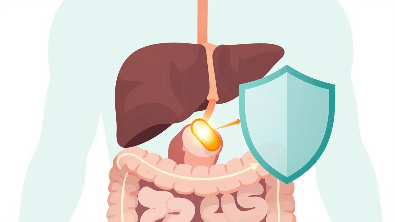 Flat design diagram showing budesonide acting on the colon and being filtered by the liver.