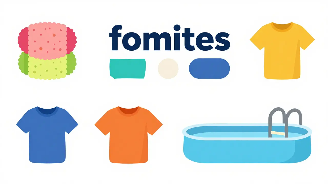 Flat design icons of a towel and pool ladder representing virus transmission