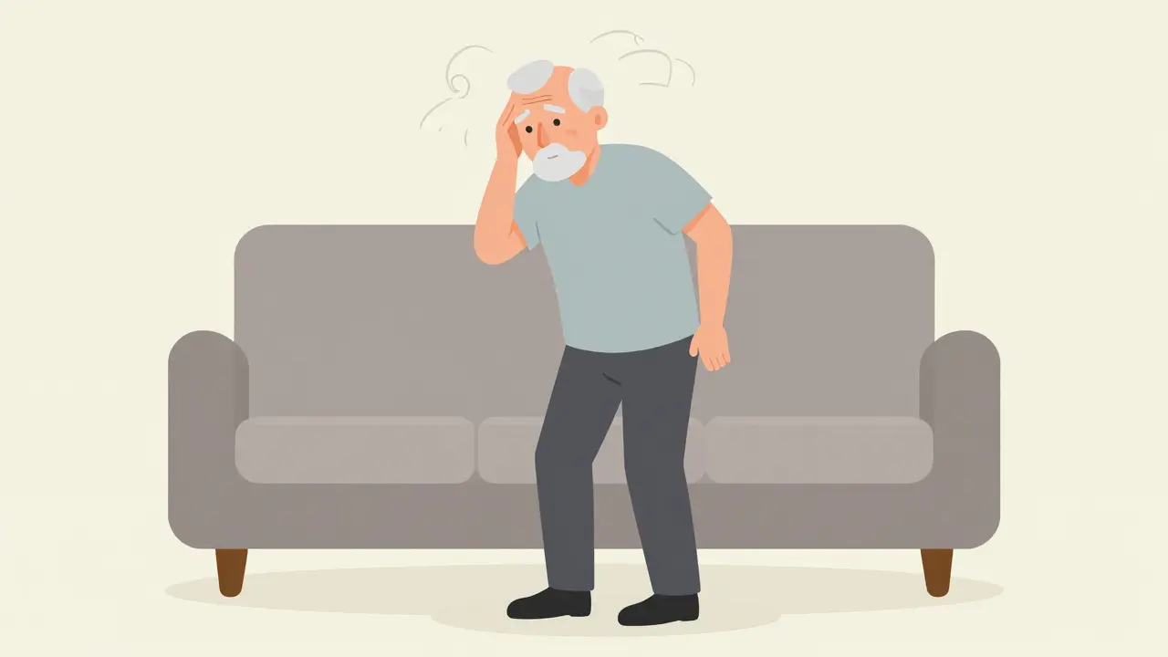 Flat design illustration of a confused senior citizen experiencing dizziness and instability.