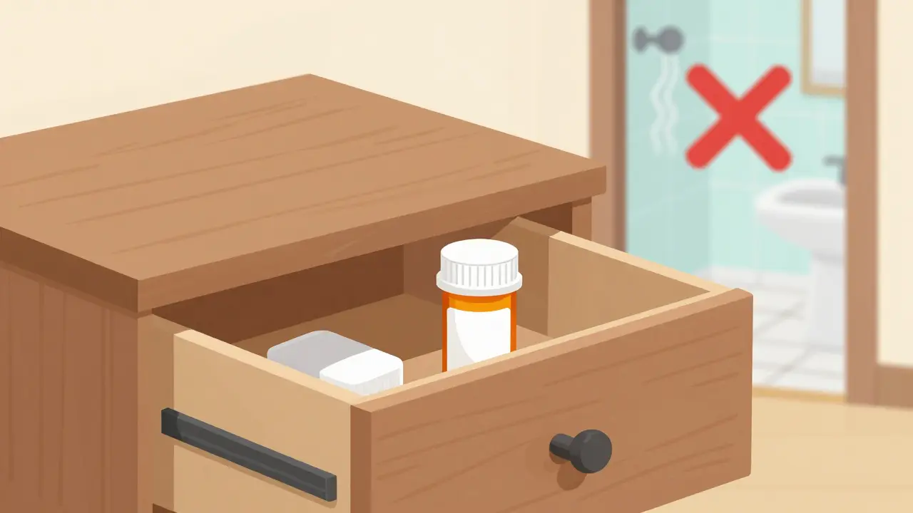 Medication stored correctly in a bedroom drawer away from a steamy bathroom.