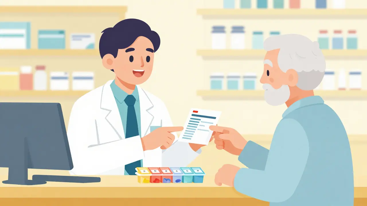 Pharmacist helping a senior with a large-print label and pill organizer.
