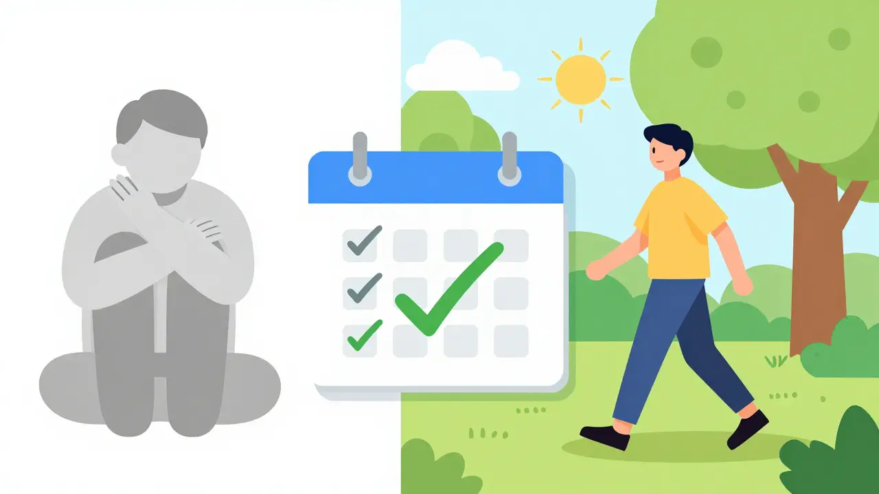 Split illustration showing the transition from illness to a healthy, active lifestyle.