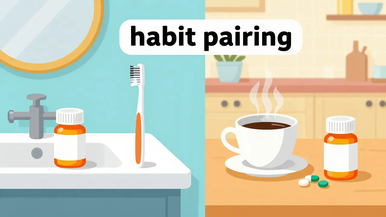 Toothbrush and coffee paired with medication bottles in a clean, flat design style.